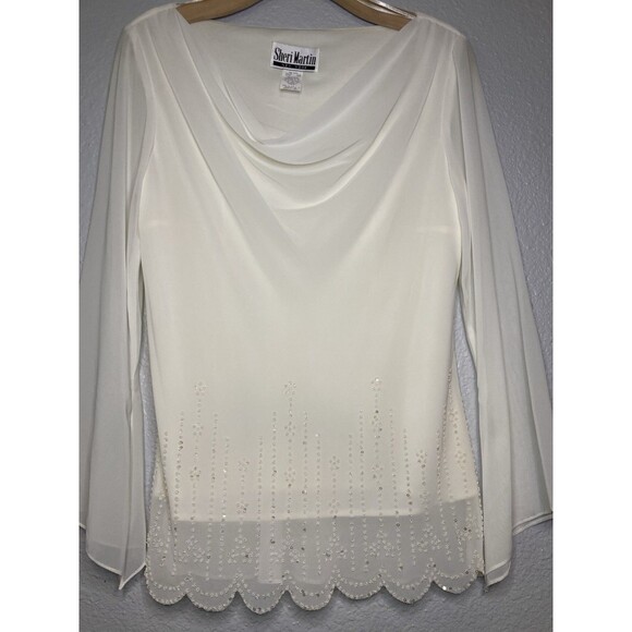 VTG Top Blouse Womens M Beaded Scallop Ivory White Sheer Sleeve Lined Cowl Neck - Picture 1 of 9